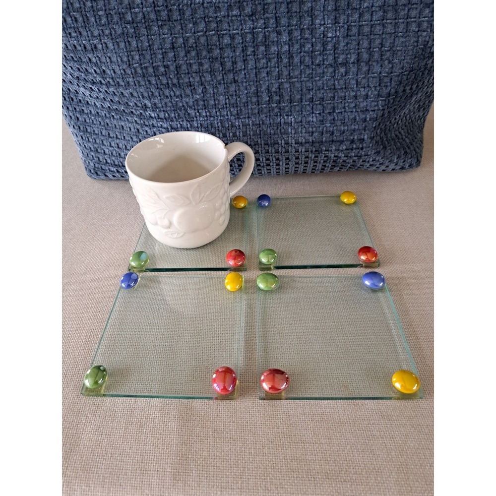 Handmade Clear Glass Coaster Set of 4 with Colorful Glass Marble Feet Modern